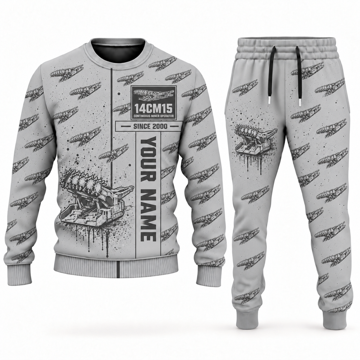 Personalized 14CM15 Continuous Miner Operator Combo Sweater + Jogger in lightgray, sweater and jogger artwork with YOUR NAME and SINCE 2000 sample text.