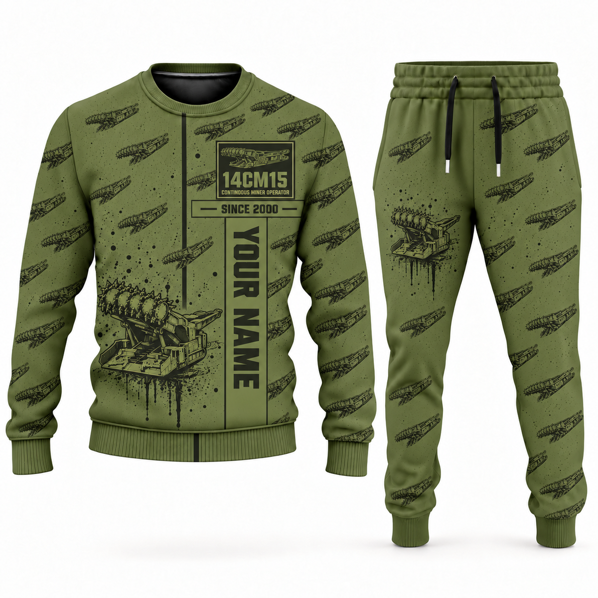 Personalized 14CM15 Continuous Miner Operator Combo Sweater + Jogger in olive, sweater and jogger artwork with YOUR NAME and SINCE 2000 sample text.