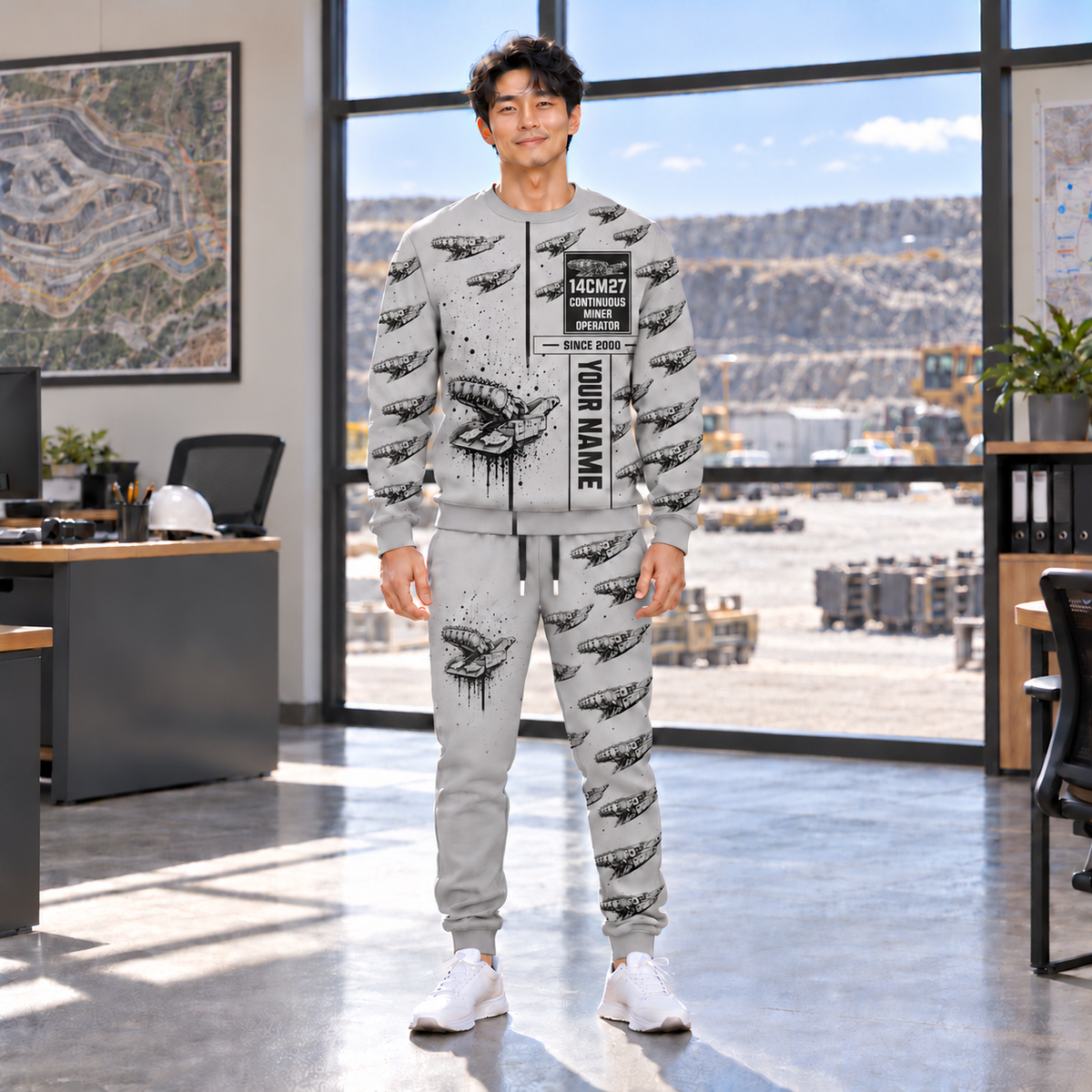 Personalized 14CM27 Continuous Miner Operator Combo Sweater + Jogger in Light Gray, sweater and jogger artwork with YOUR NAME and SINCE 2000 sample text.