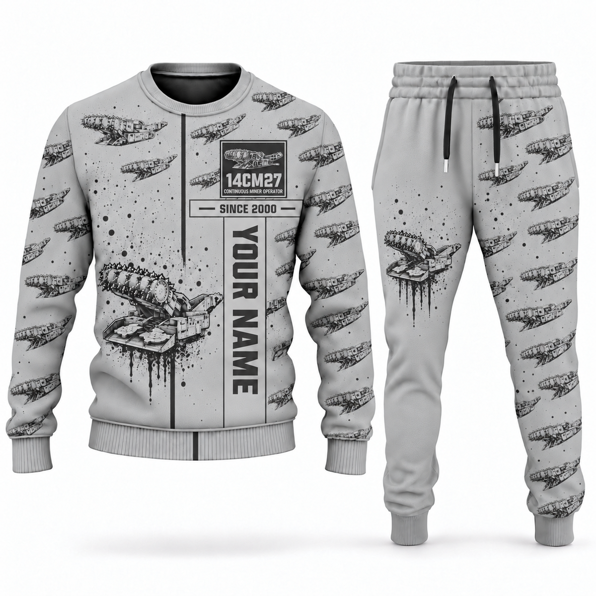 Personalized 14CM27 Continuous Miner Operator Combo Sweater + Jogger in lightgray, sweater and jogger artwork with YOUR NAME and SINCE 2000 sample text.