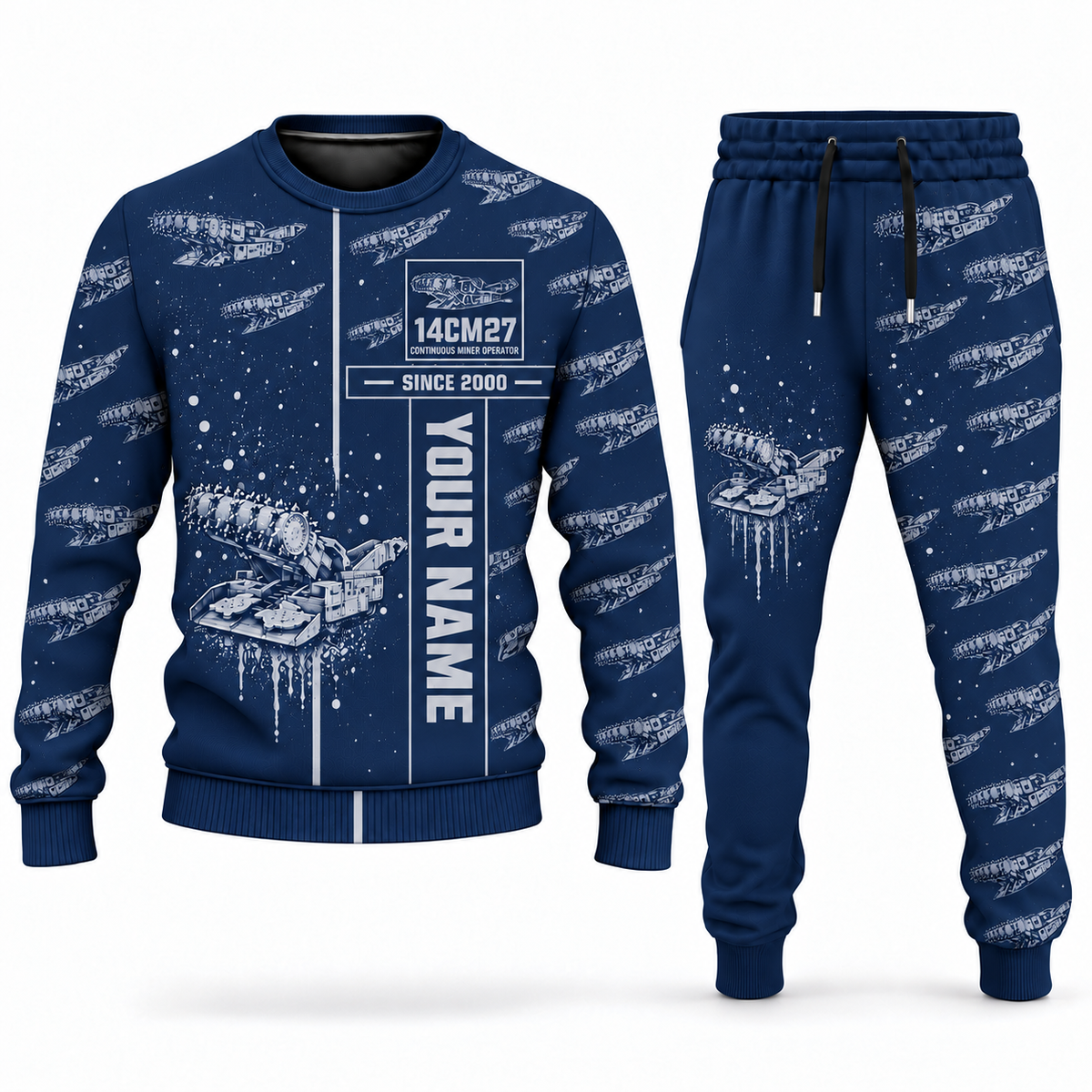 Personalized 14CM27 Continuous Miner Operator Combo Sweater + Jogger in navy, sweater and jogger artwork with YOUR NAME and SINCE 2000 sample text.