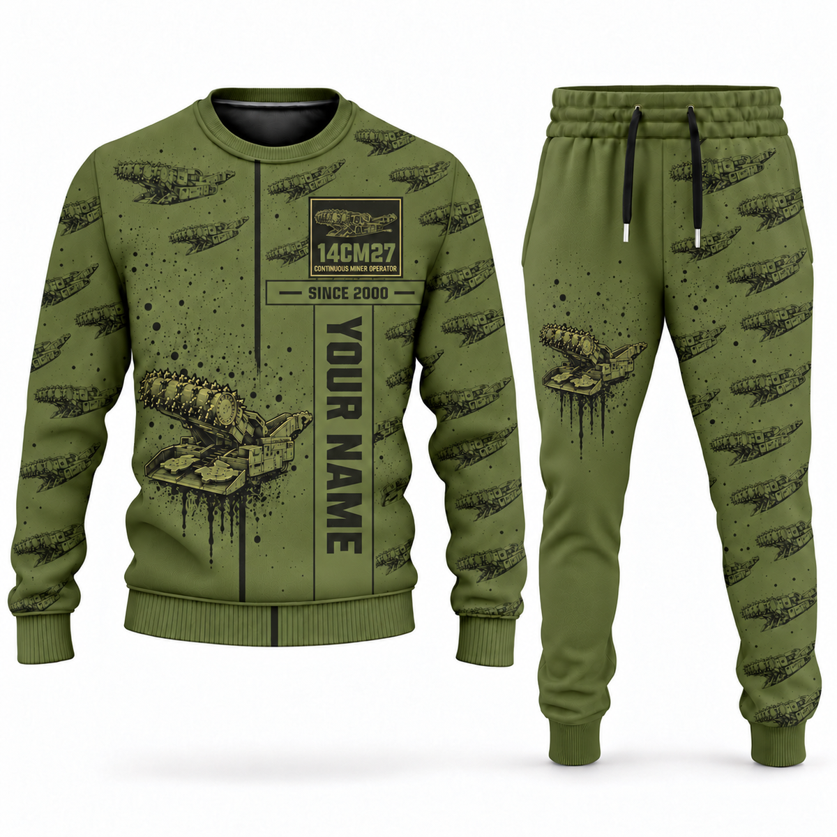 Personalized 14CM27 Continuous Miner Operator Combo Sweater + Jogger in olive, sweater and jogger artwork with YOUR NAME and SINCE 2000 sample text.