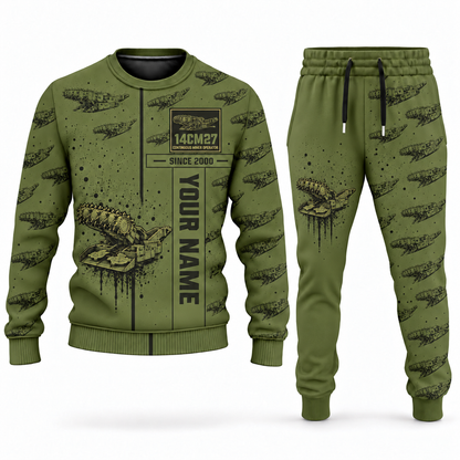 Personalized 14CM27 Continuous Miner Operator Combo Sweater + Jogger in olive, sweater and jogger artwork with YOUR NAME and SINCE 2000 sample text.