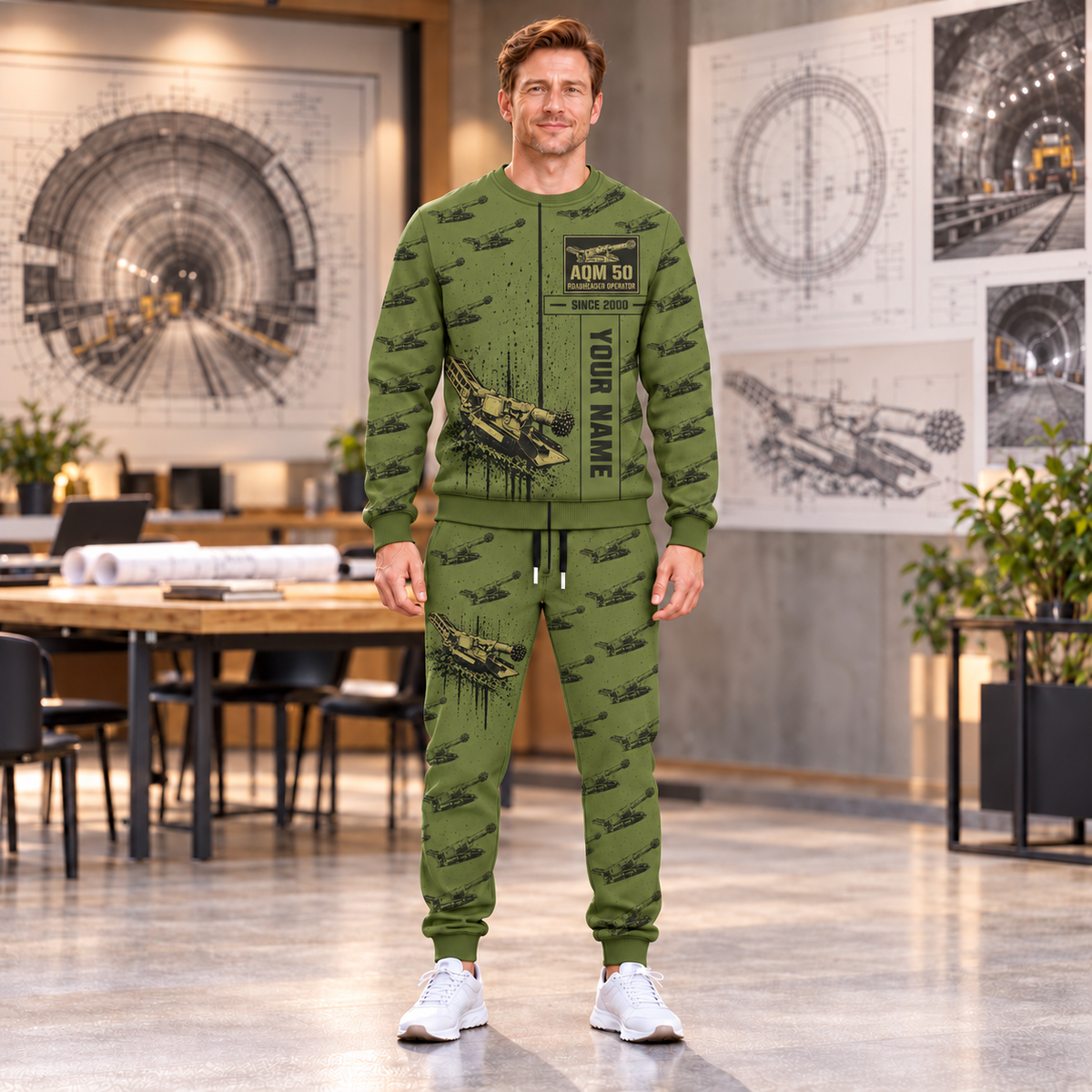 Personalized AQM 50 Roadheader Operator Combo Sweater + Jogger in Olive, sweater and jogger artwork with YOUR NAME and SINCE 2000 sample text.