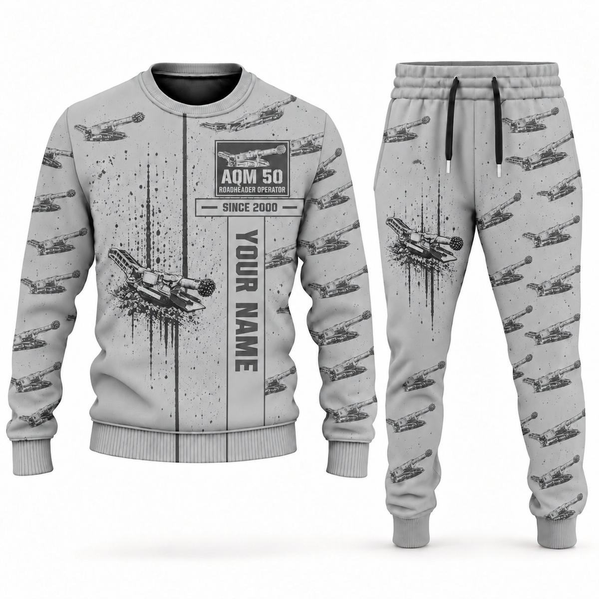 Personalized AQM 50 Roadheader Operator Combo Sweater + Jogger in lightgray, sweater and jogger artwork with YOUR NAME and SINCE 2000 sample text.