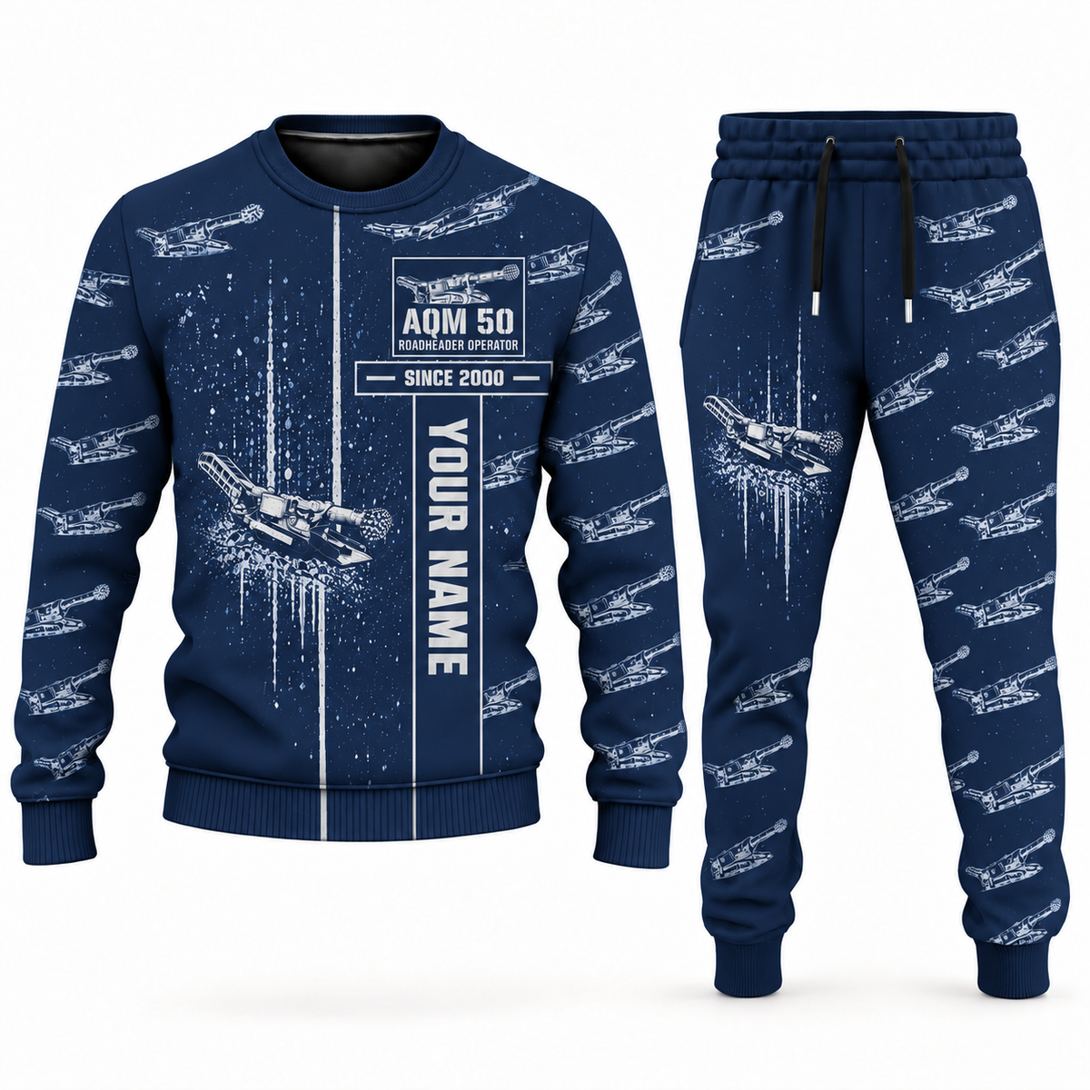 Personalized AQM 50 Roadheader Operator Combo Sweater + Jogger in navy, sweater and jogger artwork with YOUR NAME and SINCE 2000 sample text.