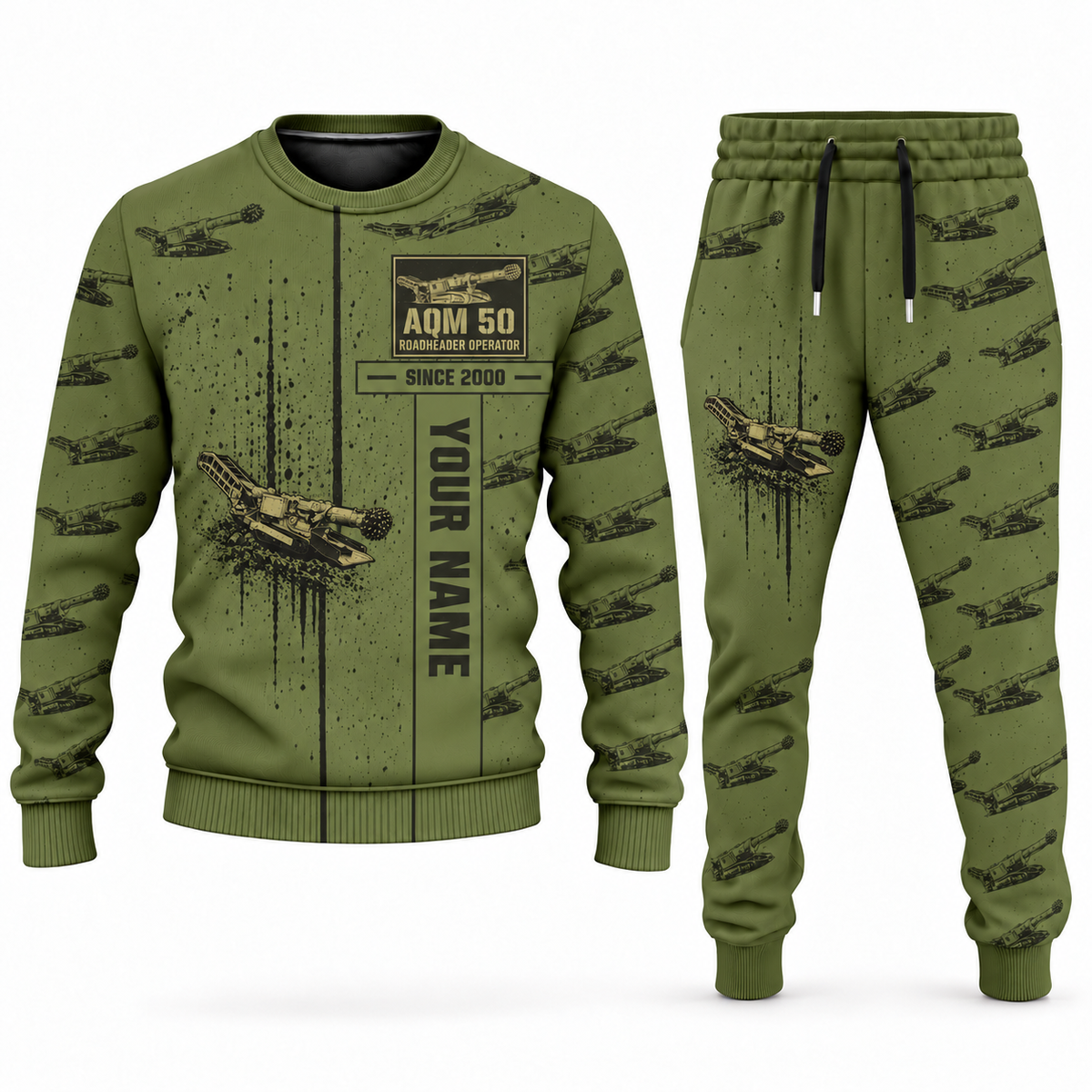 Personalized AQM 50 Roadheader Operator Combo Sweater + Jogger in olive, sweater and jogger artwork with YOUR NAME and SINCE 2000 sample text.