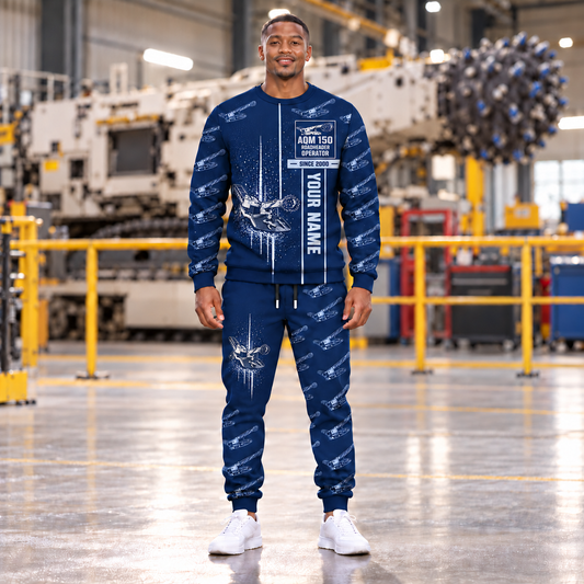 Personalized AQM 150 Roadheader Operator Combo Sweater + Jogger in Navy, sweater and jogger artwork with YOUR NAME and SINCE 2000 sample text.
