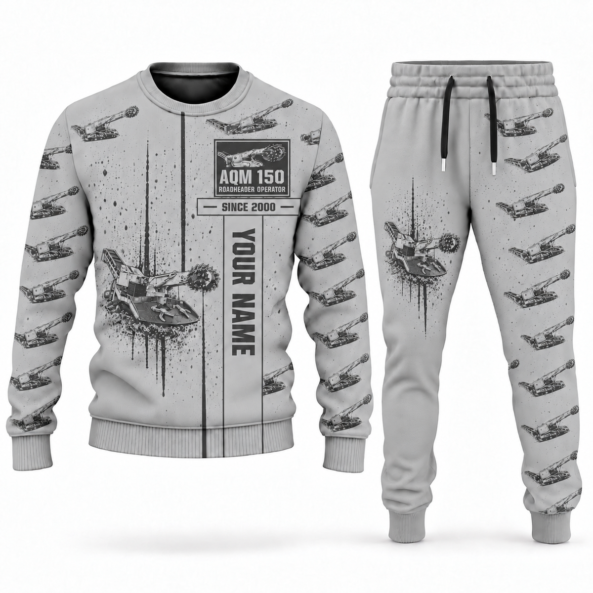 Personalized AQM 150 Roadheader Operator Combo Sweater + Jogger in lightgray, sweater and jogger artwork with YOUR NAME and SINCE 2000 sample text.