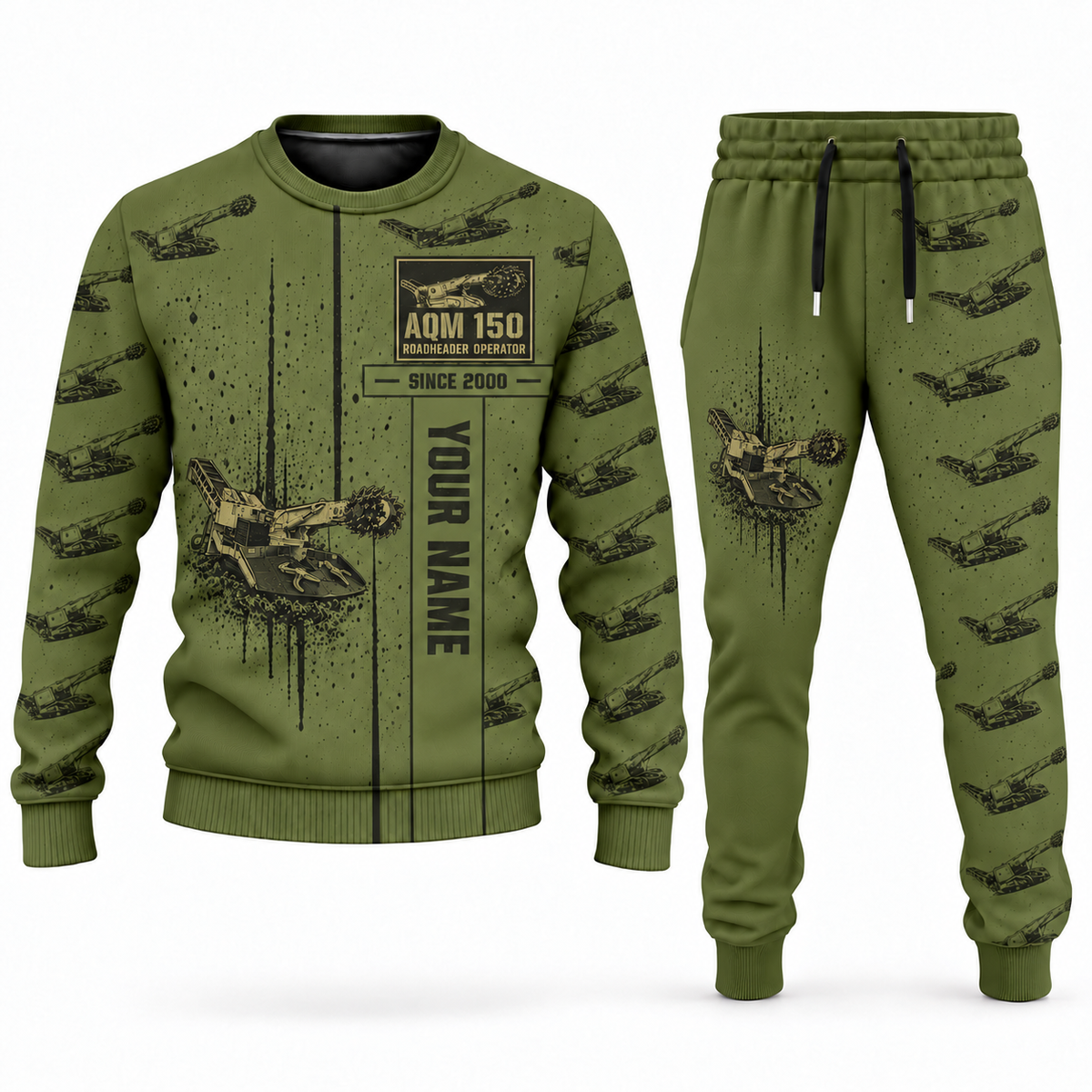Personalized AQM 150 Roadheader Operator Combo Sweater + Jogger in olive, sweater and jogger artwork with YOUR NAME and SINCE 2000 sample text.