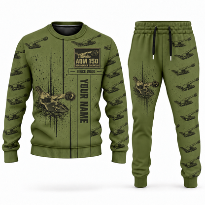 Personalized AQM 150 Roadheader Operator Combo Sweater + Jogger in olive, sweater and jogger artwork with YOUR NAME and SINCE 2000 sample text.