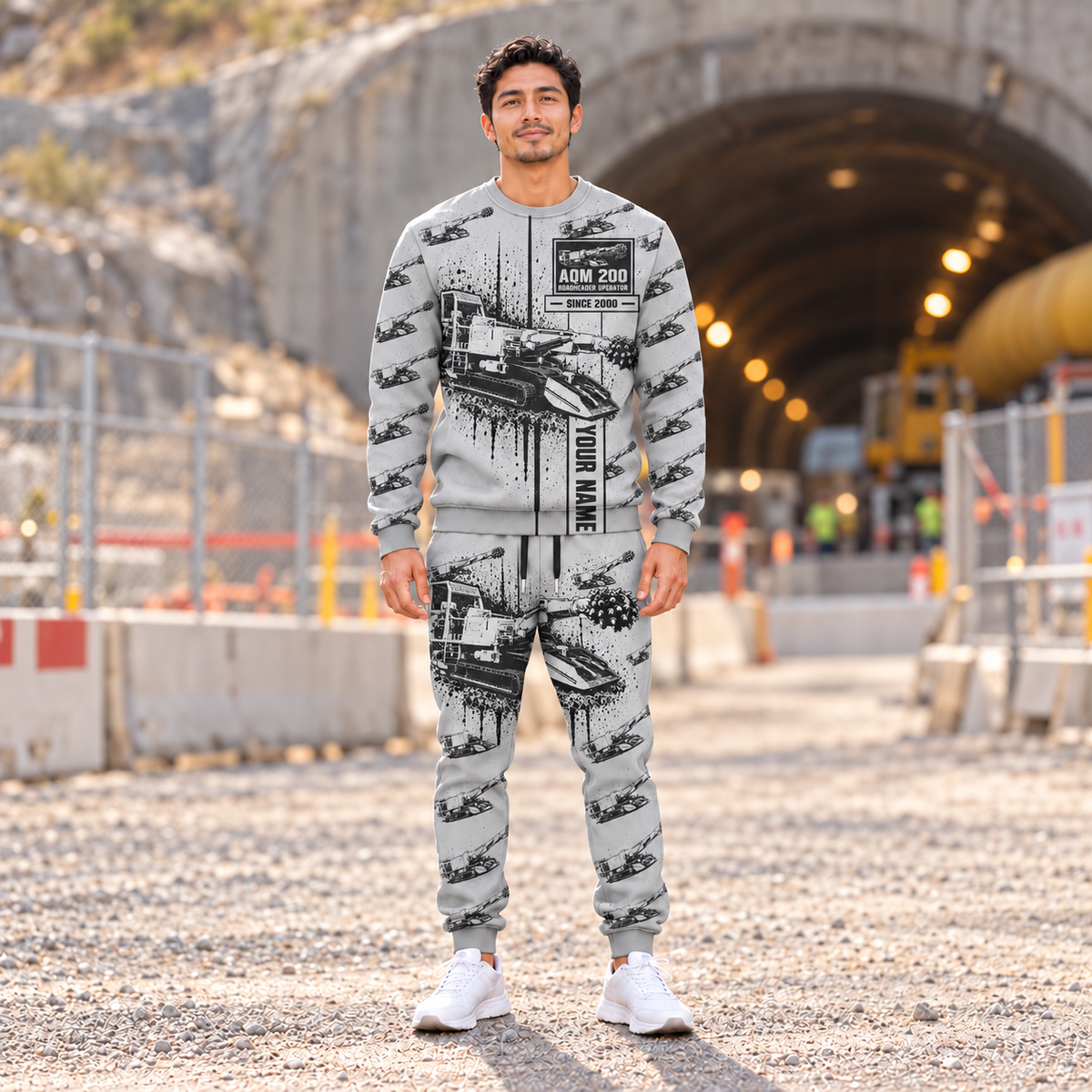 Personalized AQM 200 Roadheader Operator Combo Sweater + Jogger in Light Gray, sweater and jogger artwork with YOUR NAME and SINCE 2000 sample text.