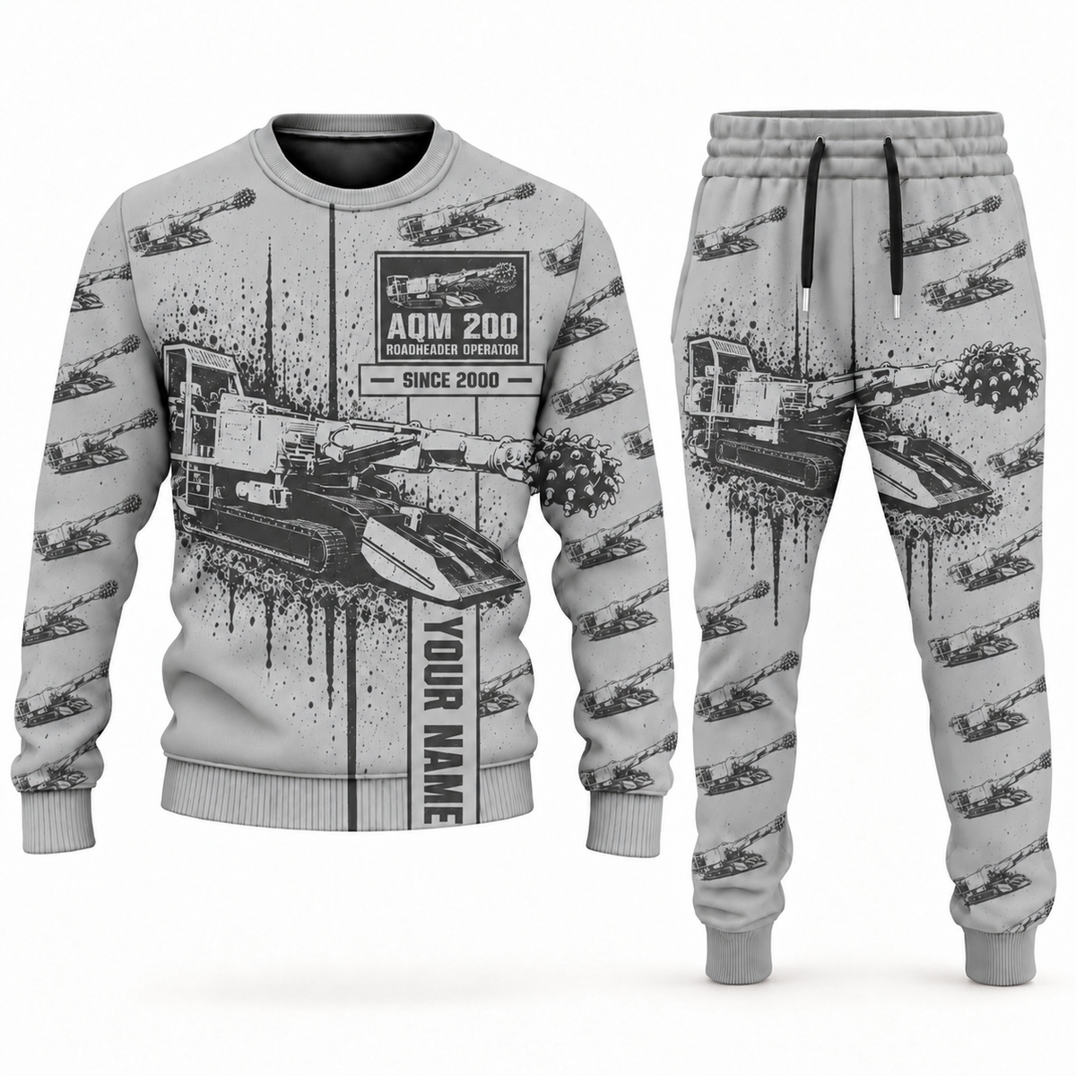 Personalized AQM 200 Roadheader Operator Combo Sweater + Jogger in lightgray, sweater and jogger artwork with YOUR NAME and SINCE 2000 sample text.