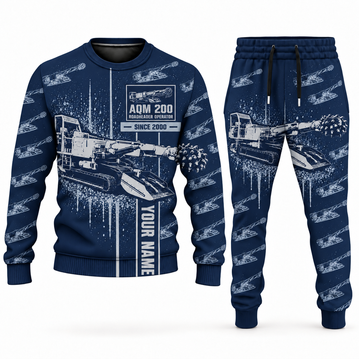 Personalized AQM 200 Roadheader Operator Combo Sweater + Jogger in navy, sweater and jogger artwork with YOUR NAME and SINCE 2000 sample text.