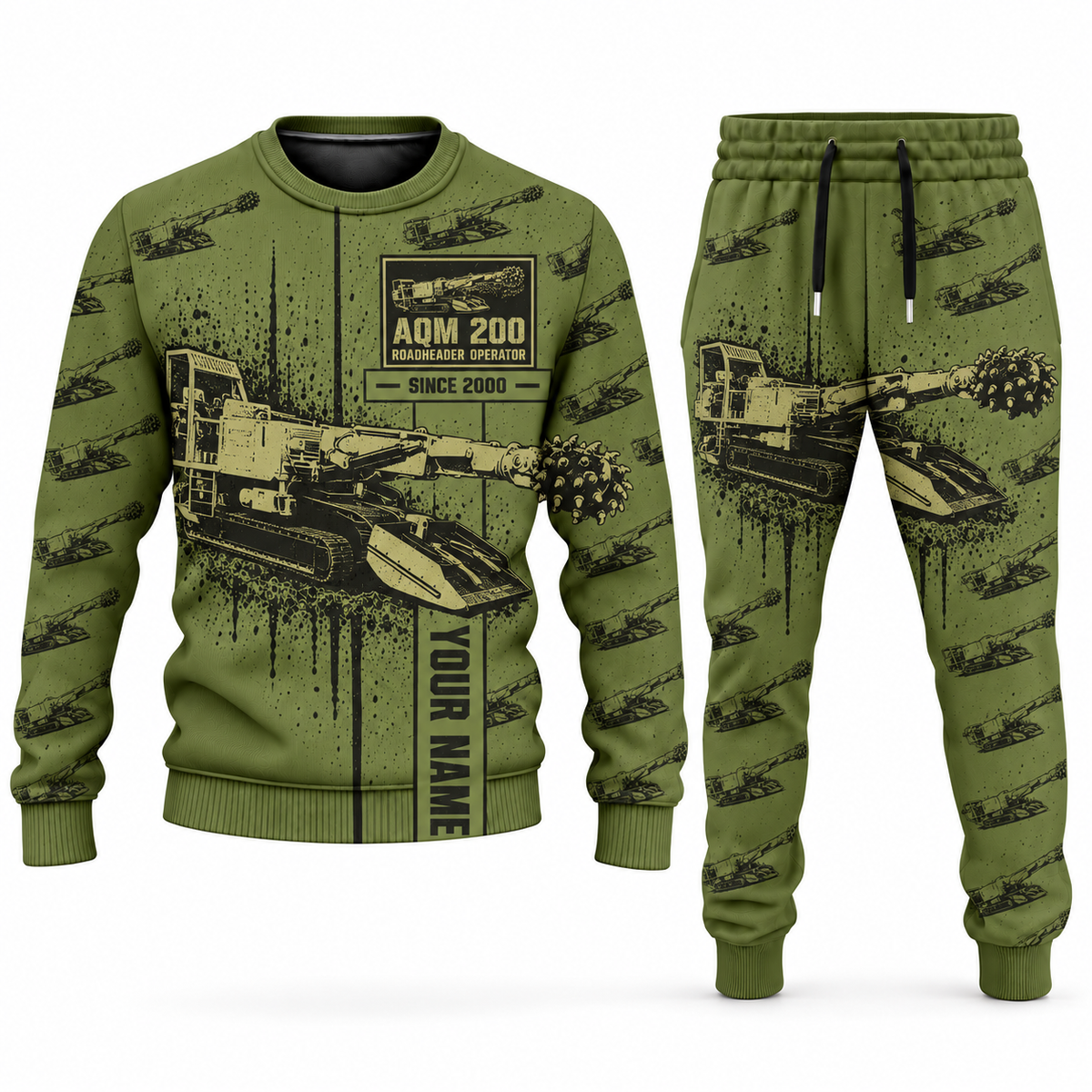 Personalized AQM 200 Roadheader Operator Combo Sweater + Jogger in olive, sweater and jogger artwork with YOUR NAME and SINCE 2000 sample text.