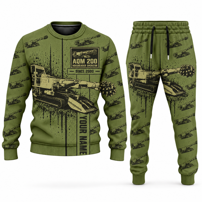 Personalized AQM 200 Roadheader Operator Combo Sweater + Jogger in olive, sweater and jogger artwork with YOUR NAME and SINCE 2000 sample text.