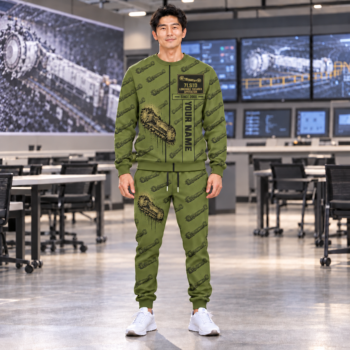 Personalized 7LS1D Longwall Shearer Operator Combo Sweater + Jogger in Olive, sweater and jogger artwork with YOUR NAME and SINCE 2000 sample text.