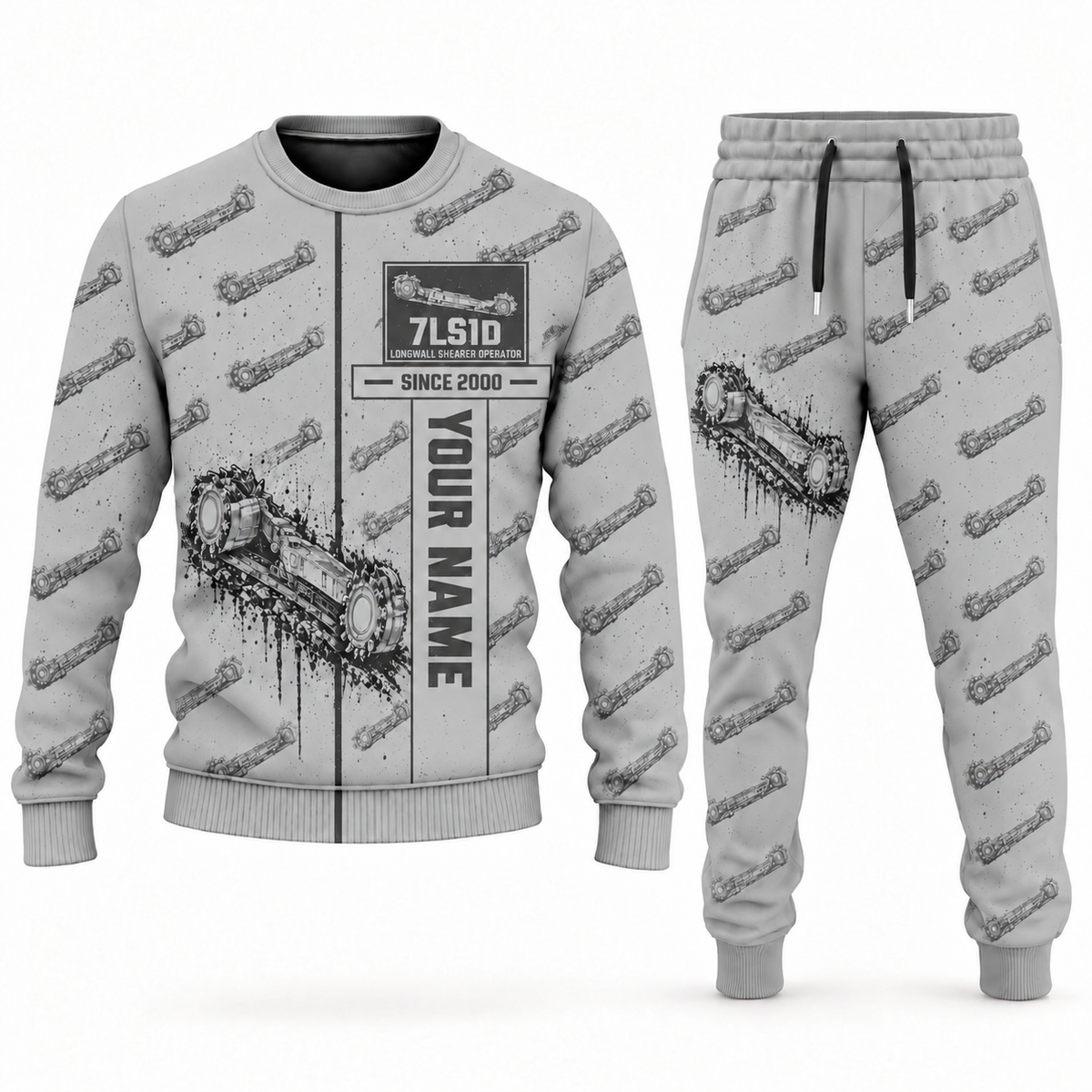 Personalized 7LS1D Longwall Shearer Operator Combo Sweater + Jogger in lightgray, sweater and jogger artwork with YOUR NAME and SINCE 2000 sample text.