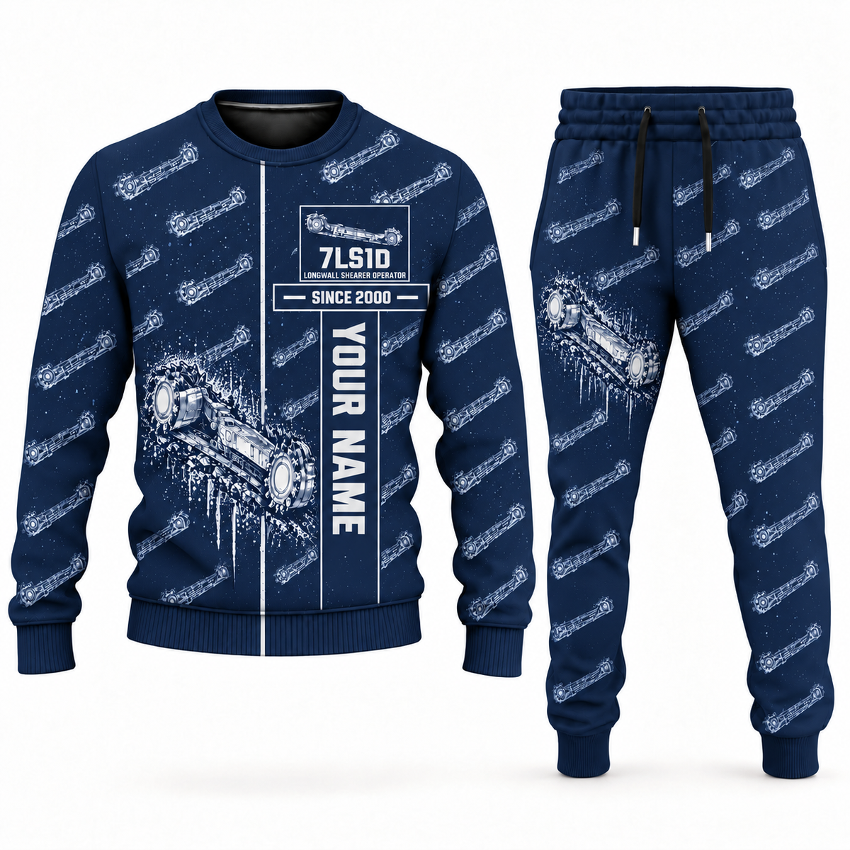 Personalized 7LS1D Longwall Shearer Operator Combo Sweater + Jogger in navy, sweater and jogger artwork with YOUR NAME and SINCE 2000 sample text.