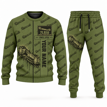 Personalized 7LS1D Longwall Shearer Operator Combo Sweater + Jogger in olive, sweater and jogger artwork with YOUR NAME and SINCE 2000 sample text.