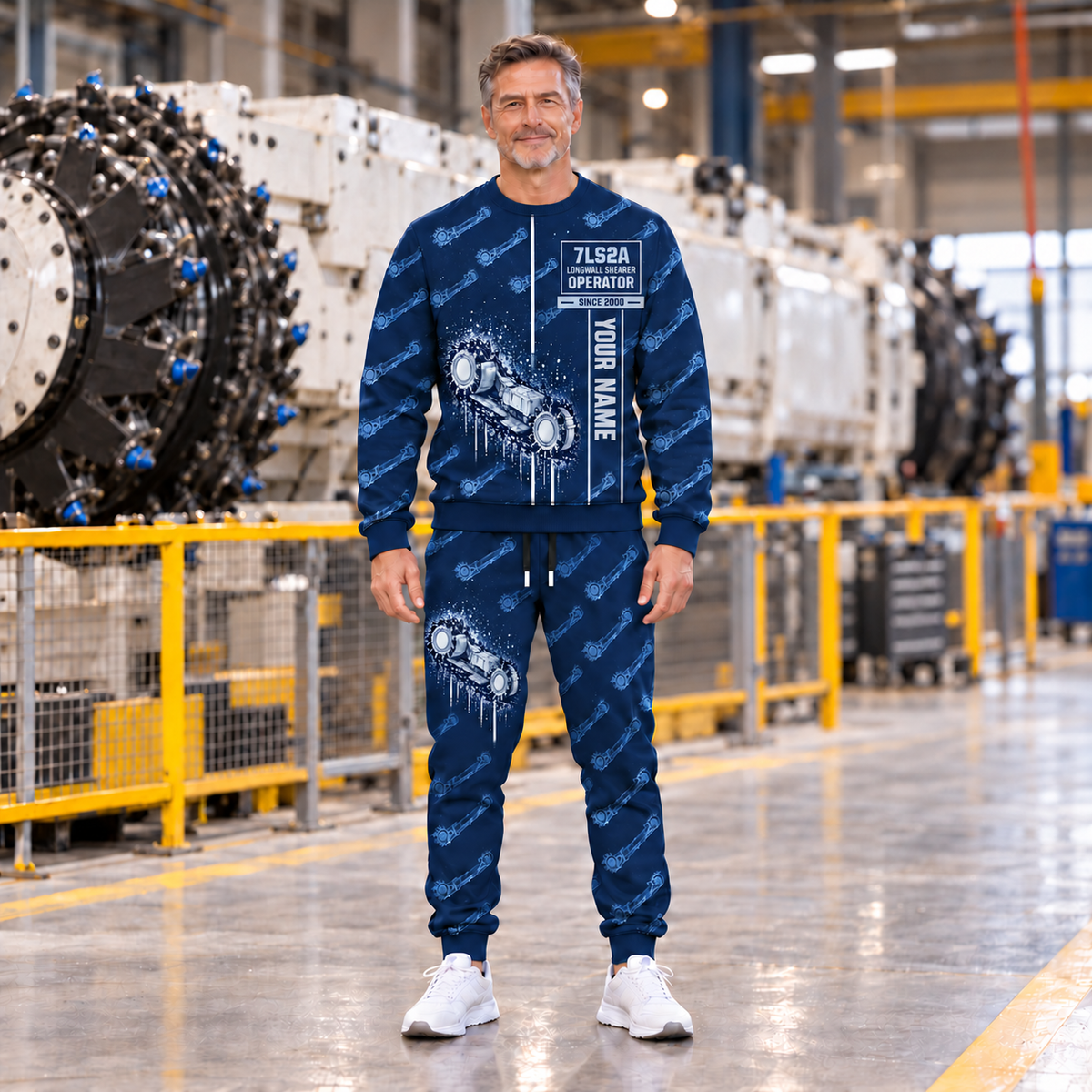 Personalized 7LS2A Longwall Shearer Operator Combo Sweater + Jogger in Navy, sweater and jogger artwork with YOUR NAME and SINCE 2000 sample text.