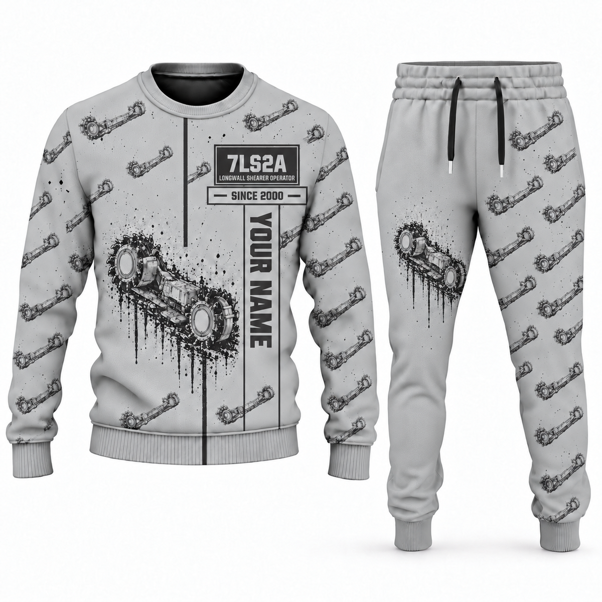 Personalized 7LS2A Longwall Shearer Operator Combo Sweater + Jogger in lightgray, sweater and jogger artwork with YOUR NAME and SINCE 2000 sample text.