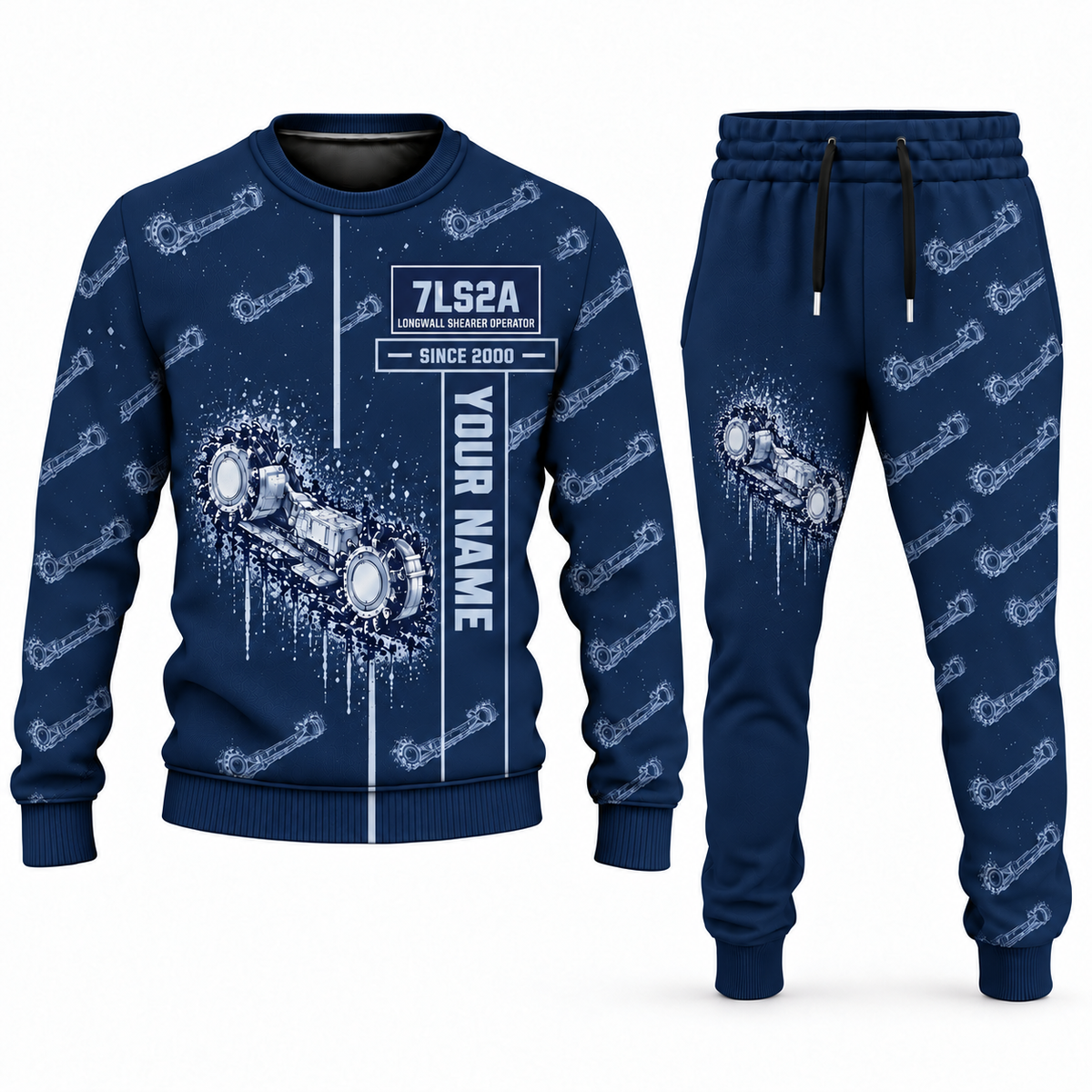 Personalized 7LS2A Longwall Shearer Operator Combo Sweater + Jogger in navy, sweater and jogger artwork with YOUR NAME and SINCE 2000 sample text.
