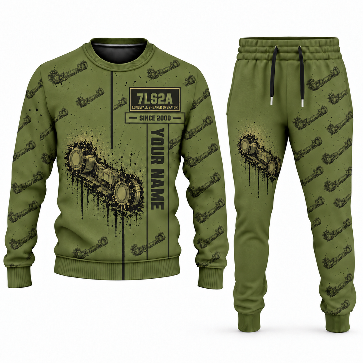 Personalized 7LS2A Longwall Shearer Operator Combo Sweater + Jogger in olive, sweater and jogger artwork with YOUR NAME and SINCE 2000 sample text.