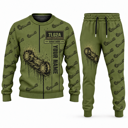 Personalized 7LS2A Longwall Shearer Operator Combo Sweater + Jogger in olive, sweater and jogger artwork with YOUR NAME and SINCE 2000 sample text.