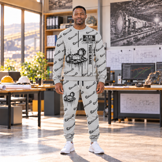 Personalized 7LS5 Longwall Shearer Operator Combo Sweater + Jogger in Light Gray, sweater and jogger artwork with YOUR NAME and SINCE 2000 sample text.