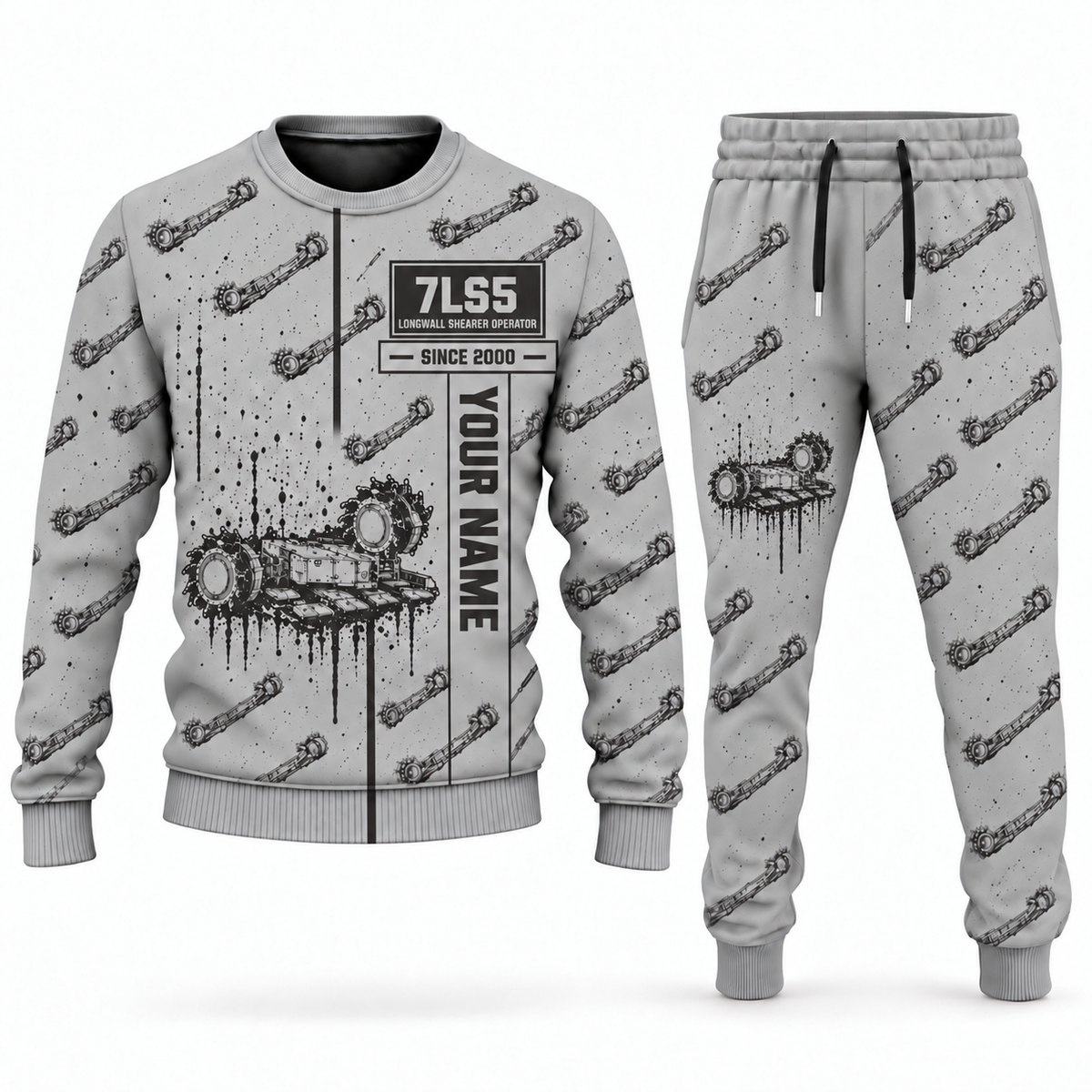 Personalized 7LS5 Longwall Shearer Operator Combo Sweater + Jogger in lightgray, sweater and jogger artwork with YOUR NAME and SINCE 2000 sample text.