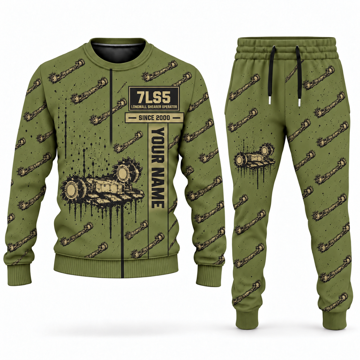 Personalized 7LS5 Longwall Shearer Operator Combo Sweater + Jogger in olive, sweater and jogger artwork with YOUR NAME and SINCE 2000 sample text.