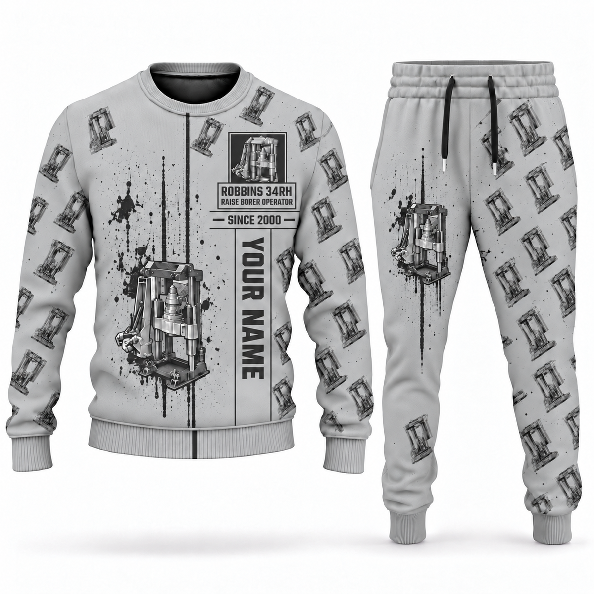 Personalized Robbins 34RH Raise Borer Operator Combo Sweater + Jogger in lightgray, sweater and jogger artwork with YOUR NAME and SINCE 2000 sample text.