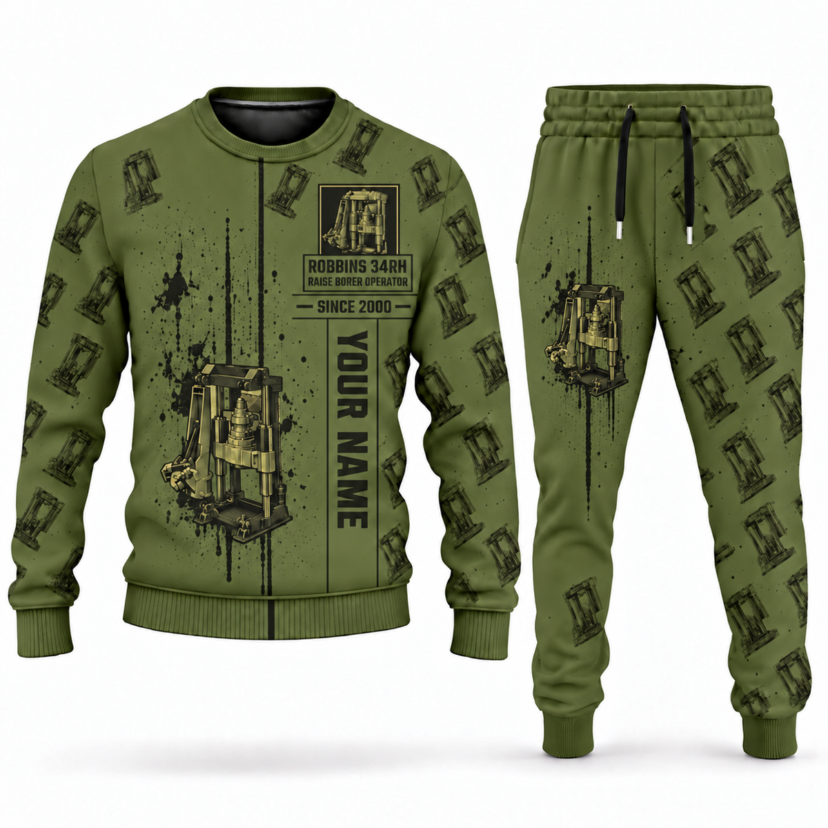 Personalized Robbins 34RH Raise Borer Operator Combo Sweater + Jogger in olive, sweater and jogger artwork with YOUR NAME and SINCE 2000 sample text.