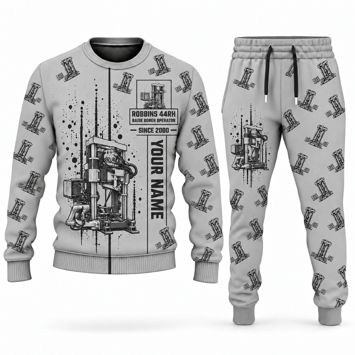 Personalized Robbins 44RH Raise Borer Operator Combo Sweater + Jogger in lightgray, sweater and jogger artwork with YOUR NAME and SINCE 2000 sample text.