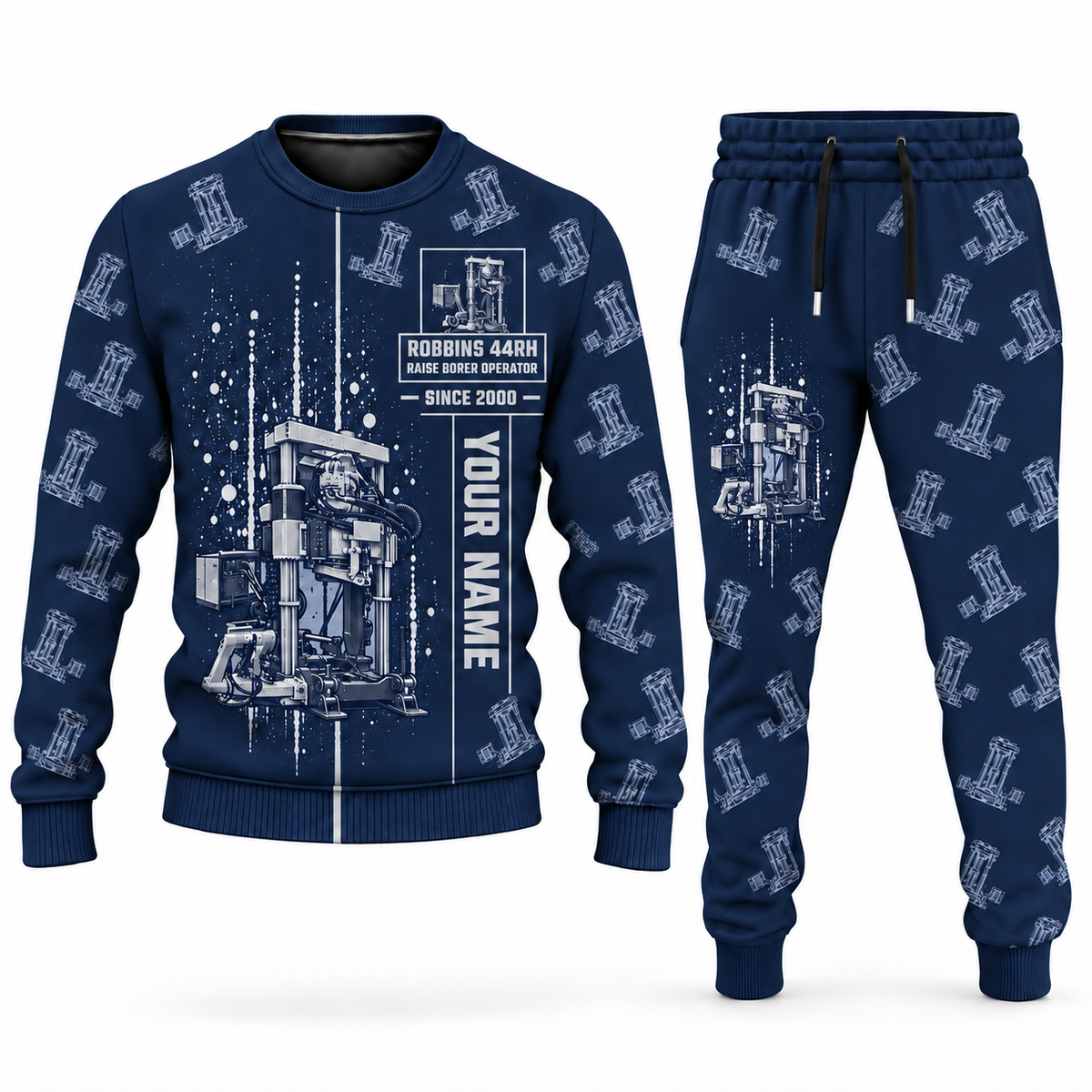 Personalized Robbins 44RH Raise Borer Operator Combo Sweater + Jogger in navy, sweater and jogger artwork with YOUR NAME and SINCE 2000 sample text.