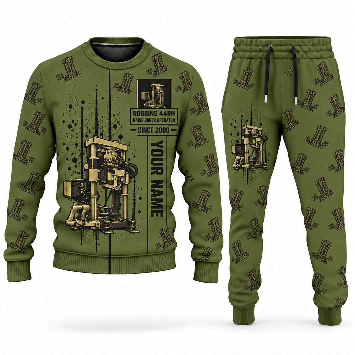 Personalized Robbins 44RH Raise Borer Operator Combo Sweater + Jogger in olive, sweater and jogger artwork with YOUR NAME and SINCE 2000 sample text.