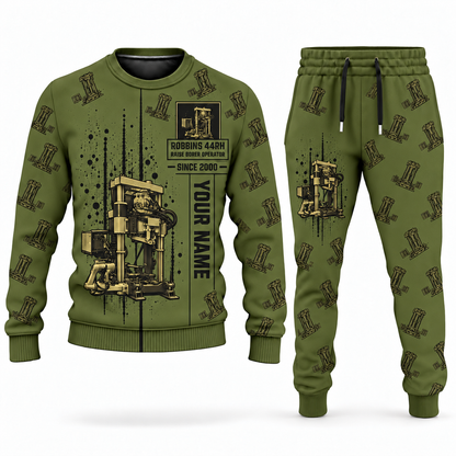 Personalized Robbins 44RH Raise Borer Operator Combo Sweater + Jogger in olive, sweater and jogger artwork with YOUR NAME and SINCE 2000 sample text.