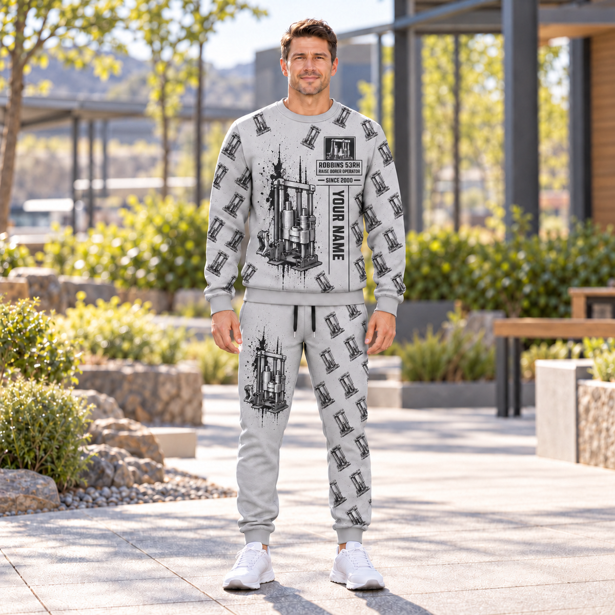 Personalized Robbins 53RH Raise Borer Operator Combo Sweater + Jogger in Light Gray, sweater and jogger artwork with YOUR NAME and SINCE 2000 sample text.