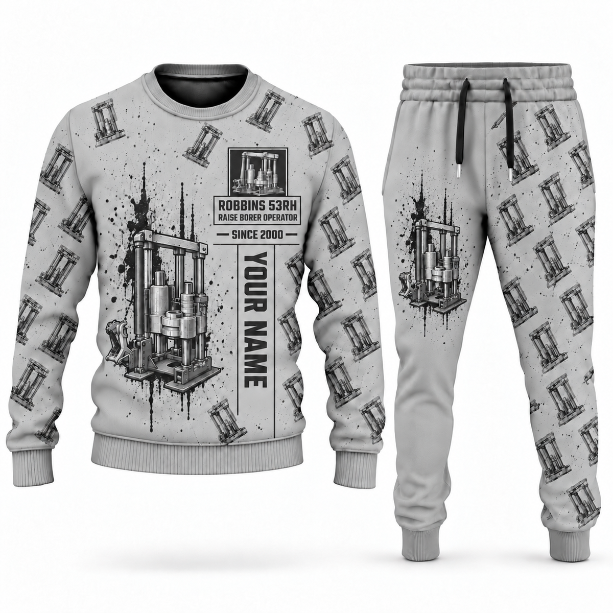 Personalized Robbins 53RH Raise Borer Operator Combo Sweater + Jogger in lightgray, sweater and jogger artwork with YOUR NAME and SINCE 2000 sample text.