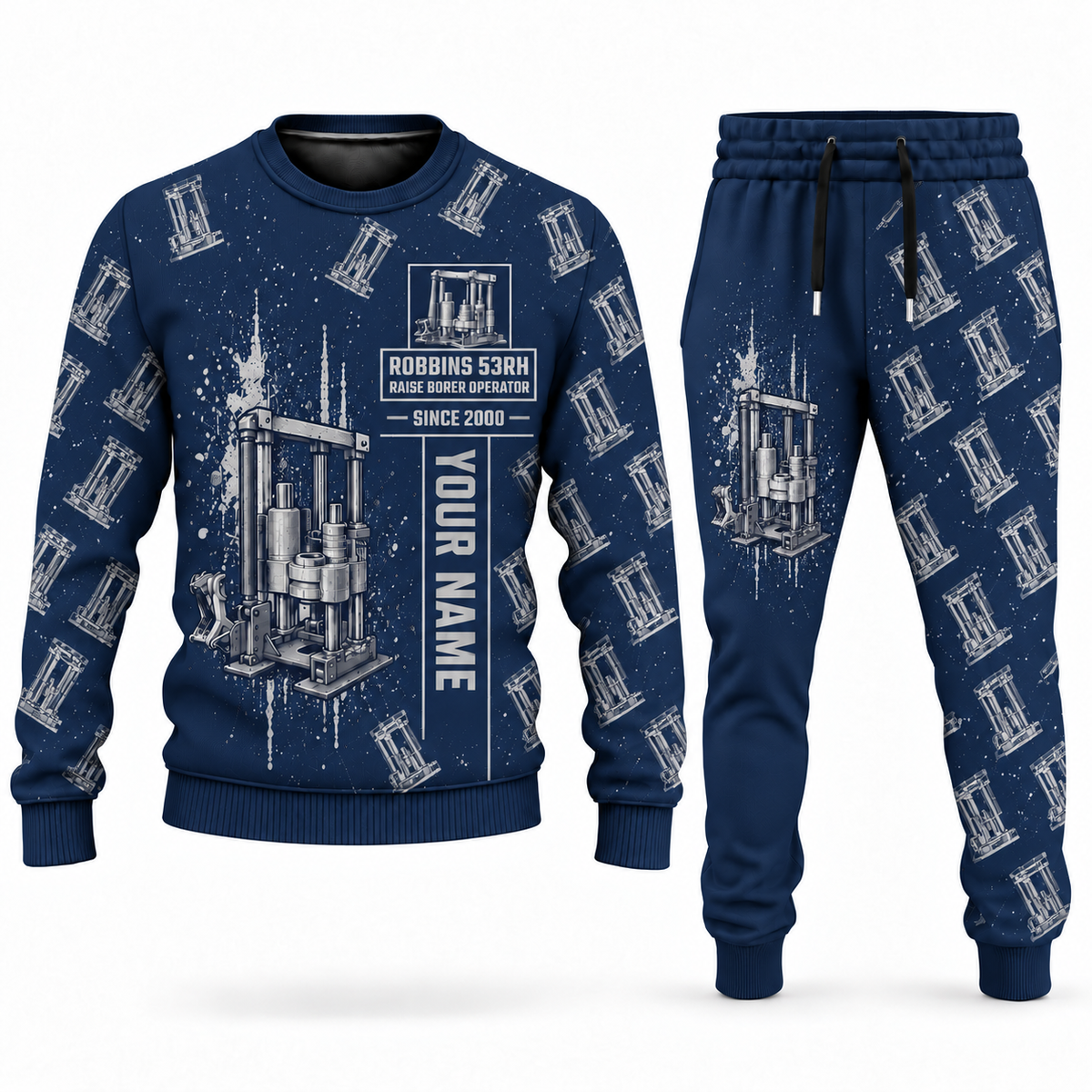 Personalized Robbins 53RH Raise Borer Operator Combo Sweater + Jogger in navy, sweater and jogger artwork with YOUR NAME and SINCE 2000 sample text.