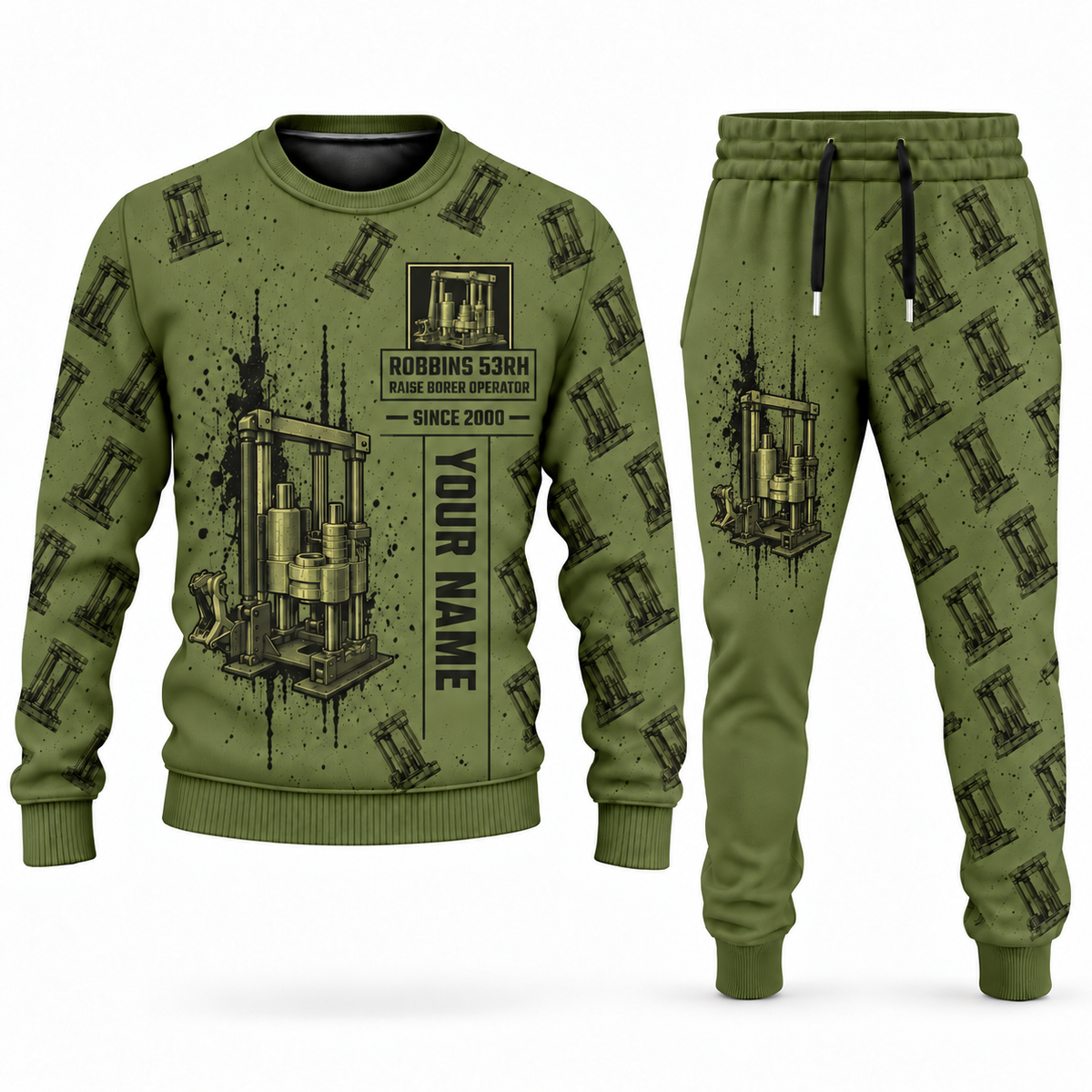 Personalized Robbins 53RH Raise Borer Operator Combo Sweater + Jogger in olive, sweater and jogger artwork with YOUR NAME and SINCE 2000 sample text.