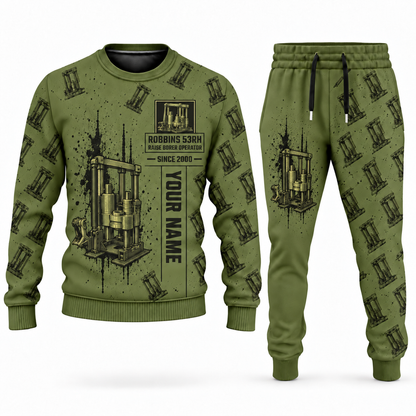 Personalized Robbins 53RH Raise Borer Operator Combo Sweater + Jogger in olive, sweater and jogger artwork with YOUR NAME and SINCE 2000 sample text.