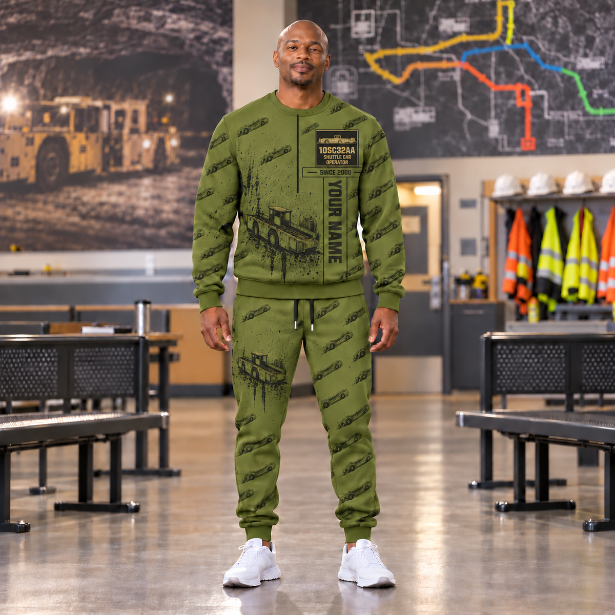 Personalized 10SC32AA Center-Drive Shuttle Car Operator Combo Sweater + Jogger in Olive, sweater and jogger artwork with YOUR NAME and SINCE 2000 sample text.