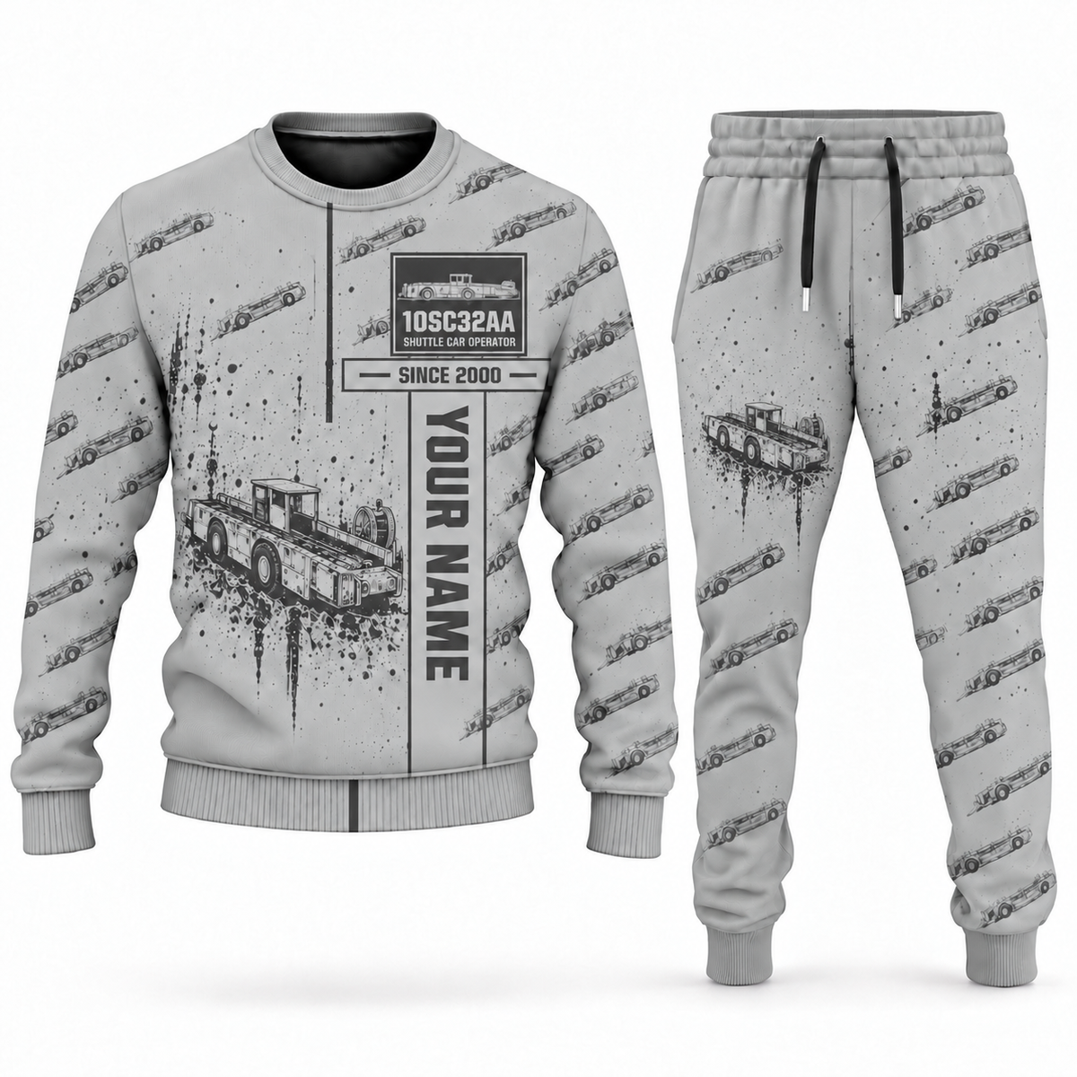 Personalized 10SC32AA Center-Drive Shuttle Car Operator Combo Sweater + Jogger in lightgray, sweater and jogger artwork with YOUR NAME and SINCE 2000 sample text.