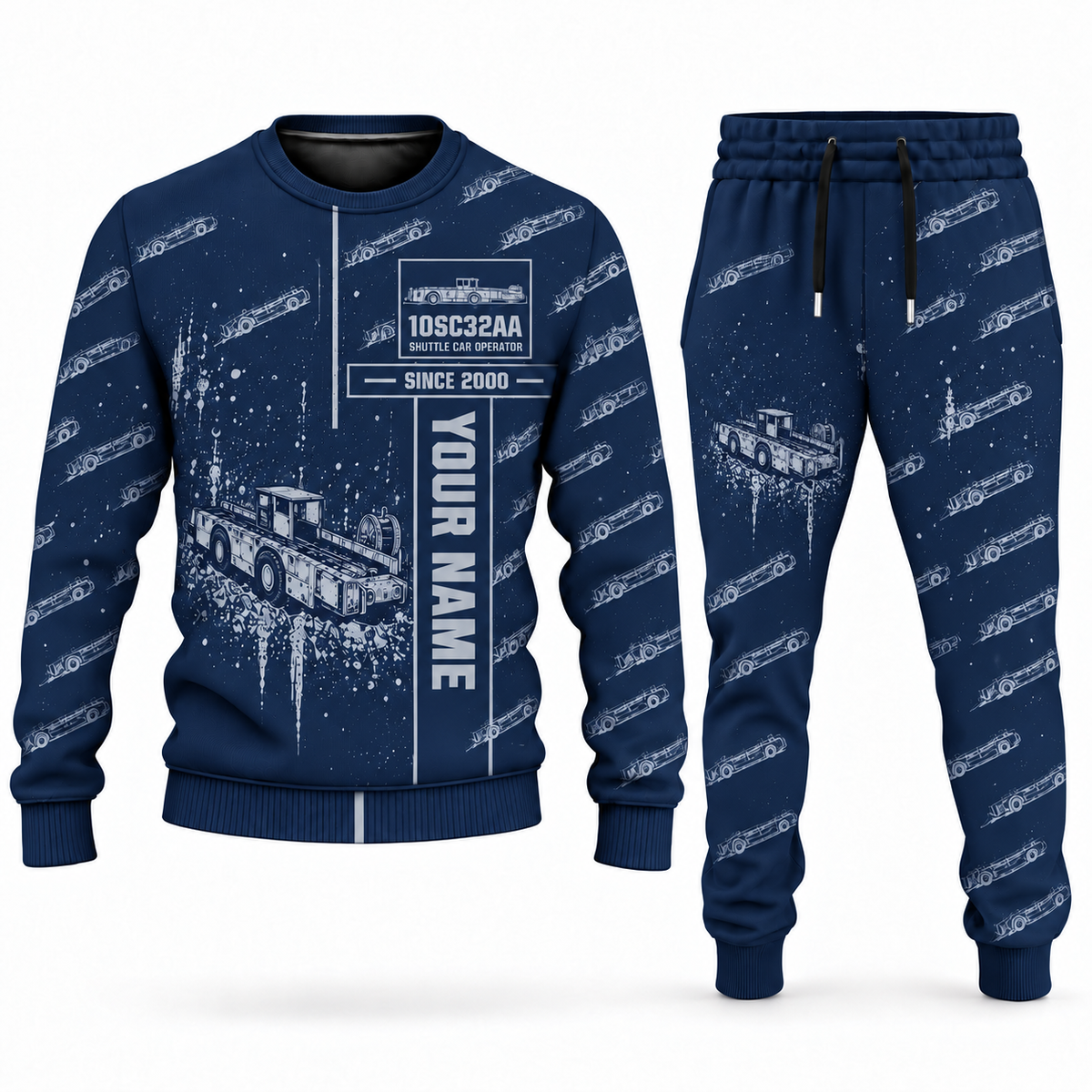 Personalized 10SC32AA Center-Drive Shuttle Car Operator Combo Sweater + Jogger in navy, sweater and jogger artwork with YOUR NAME and SINCE 2000 sample text.
