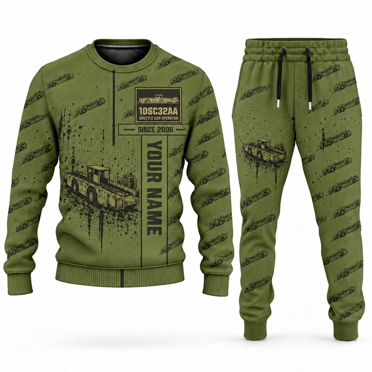 Personalized 10SC32AA Center-Drive Shuttle Car Operator Combo Sweater + Jogger in olive, sweater and jogger artwork with YOUR NAME and SINCE 2000 sample text.