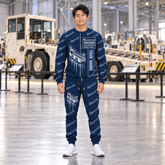 Personalized 10SC32AB End-Drive Shuttle Car Operator Combo Sweater + Jogger in Navy, sweater and jogger artwork with YOUR NAME and SINCE 2000 sample text.