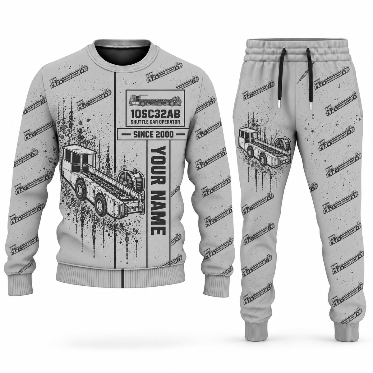 Personalized 10SC32AB End-Drive Shuttle Car Operator Combo Sweater + Jogger in lightgray, sweater and jogger artwork with YOUR NAME and SINCE 2000 sample text.