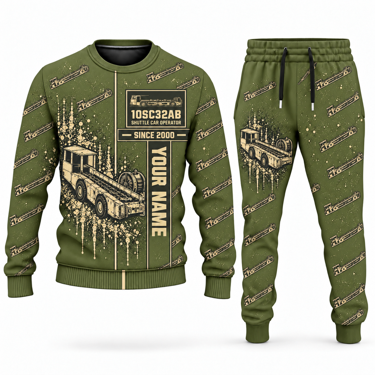 Personalized 10SC32AB End-Drive Shuttle Car Operator Combo Sweater + Jogger in olive, sweater and jogger artwork with YOUR NAME and SINCE 2000 sample text.
